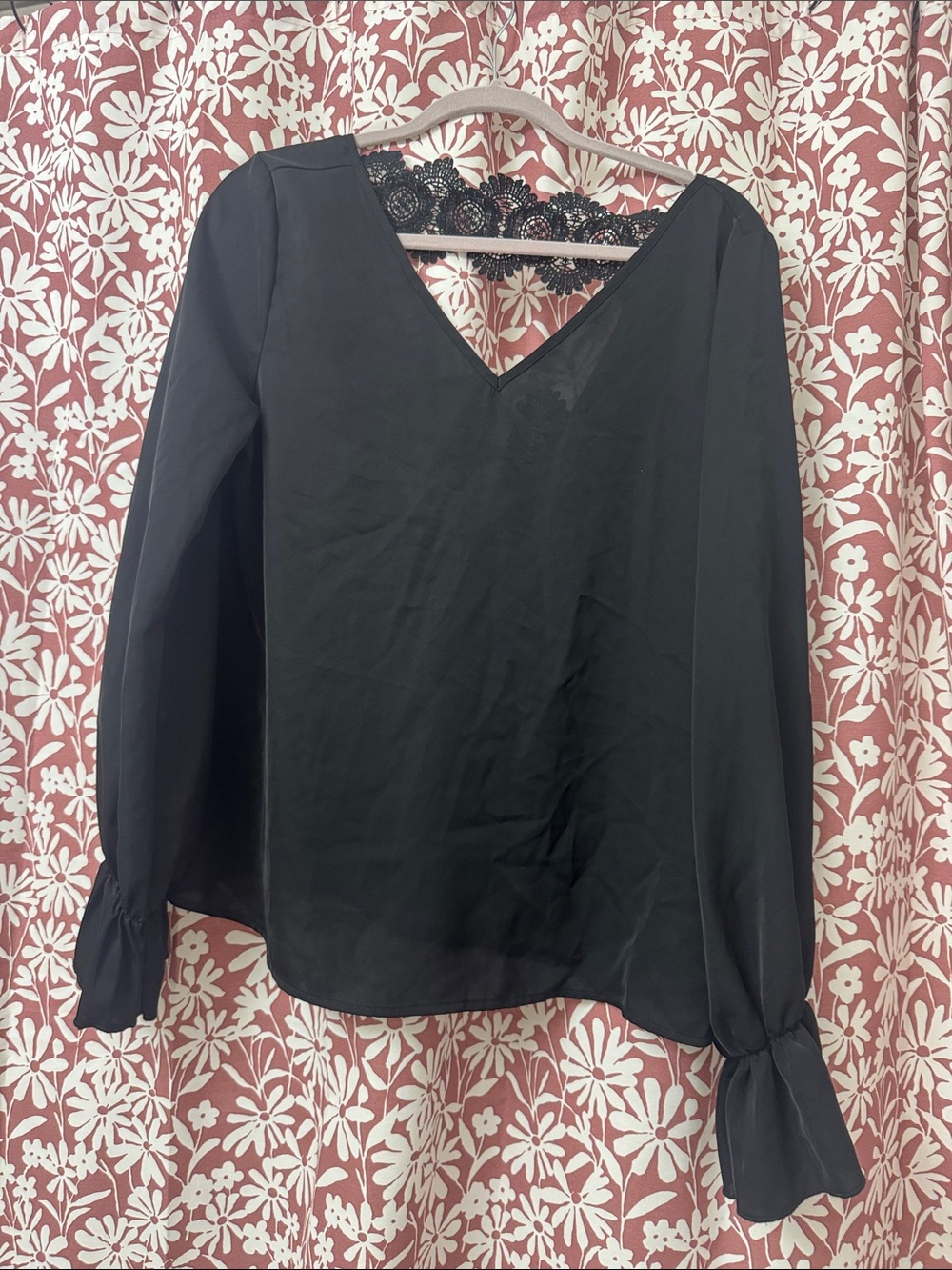 SHEIN Black V-Neck Long Sleeve Blouse with Lace Back